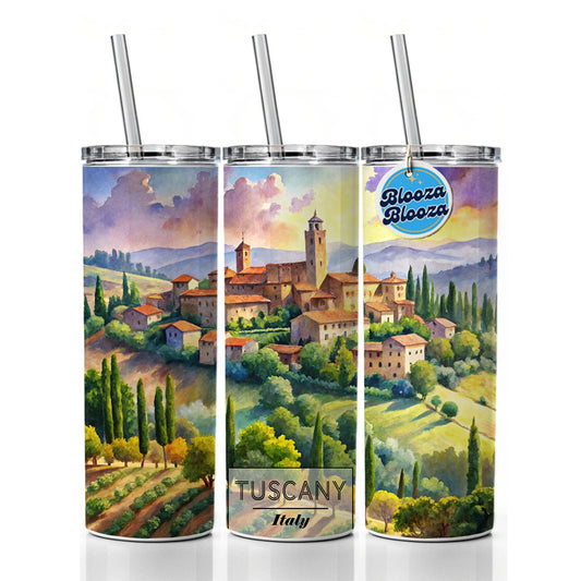 Tuscany Italy Travel City Watercolor Skinny Tumbler 20oz with Straw Insulated Water Bottle Gift