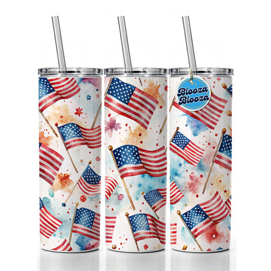 USA American Flags Patriotic Watercolor Skinny Tumbler 20oz with Straw Insulated Water Bottle Gift