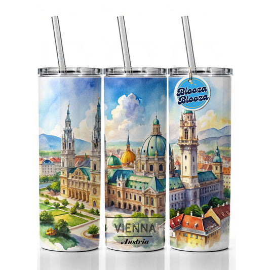 Vienna Austria Travel City Watercolor Skinny Tumbler 20oz with Straw Insulated Water Bottle Gift