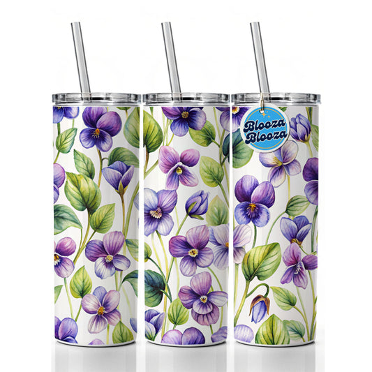 Violets Flowers Watercolor Skinny Tumbler 20oz with Straw Insulated Water Bottle Gift