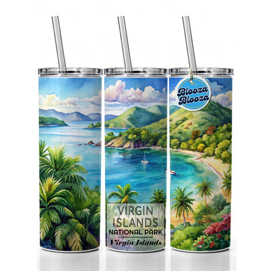 Virgin Islands National Park Watercolor Skinny Tumbler 20oz with Straw Insulated Water Bottle Gift
