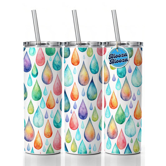Water Droplets Colorful Watercolor Skinny Tumbler 20oz with Straw Insulated Water Bottle Gift