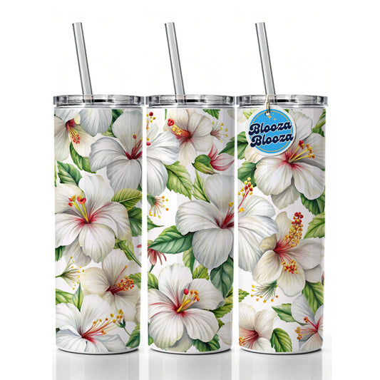 White Hibiscus Flowers Watercolor Skinny Tumbler 20oz with Straw Insulated Water Bottle Gift
