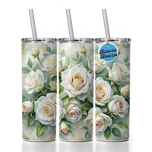 White Roses Flowers Watercolor Skinny Tumbler 20oz with Straw Insulated Water Bottle Gift