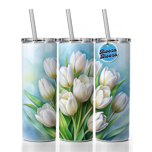 White Tulips Flowers Watercolor Skinny Tumbler 20oz with Straw Insulated Water Bottle Gift
