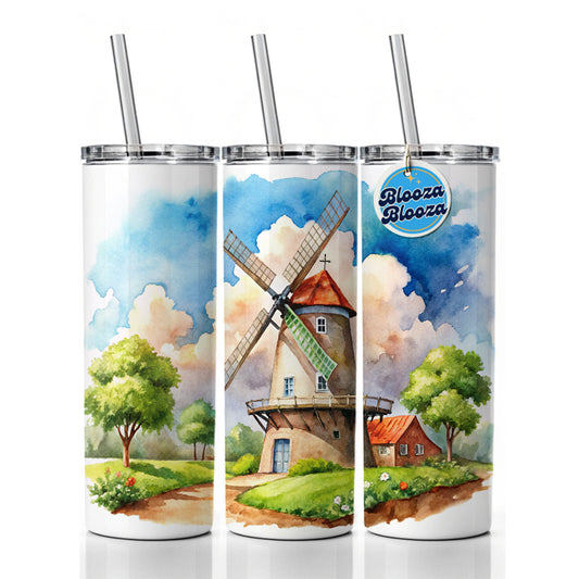 Windmill Beautiful Watercolor Skinny Tumbler 20oz with Straw Insulated Water Bottle Gift