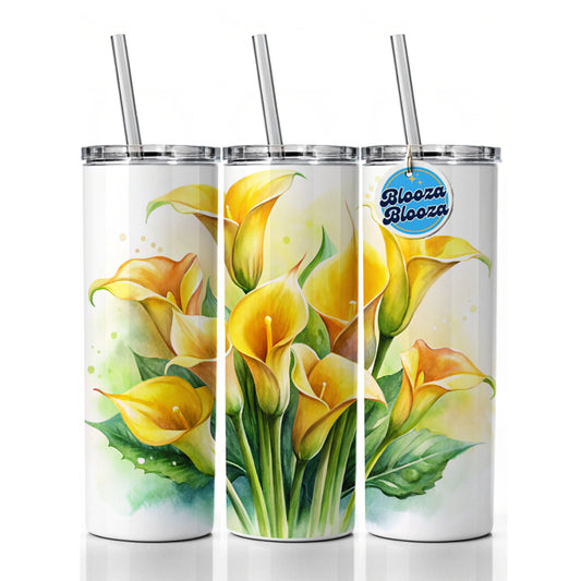 Yellow Calla Lily Flowers Watercolor Skinny Tumbler 20oz with Straw Insulated Water Bottle Gift