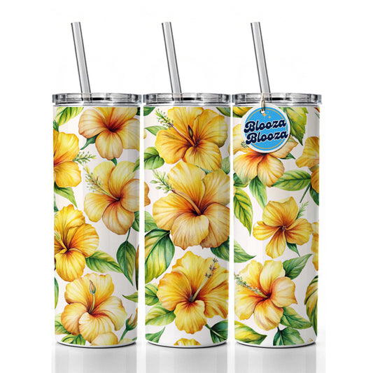 Yellow Hibiscus Flowers Watercolor Skinny Tumbler 20oz with Straw Insulated Water Bottle Gift