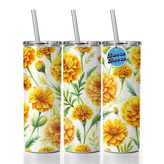 Yellow Marigolds Flowers Watercolor Skinny Tumbler 20oz with Straw Insulated Water Bottle Gift