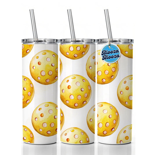 Yellow Pickleballs Skinny Tumbler 20oz with Straw Insulated Water Bottle Gift