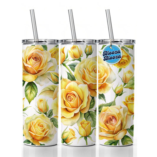 Yellow Roses Flowers Watercolor Skinny Tumbler 20oz with Straw Insulated Water Bottle Gift
