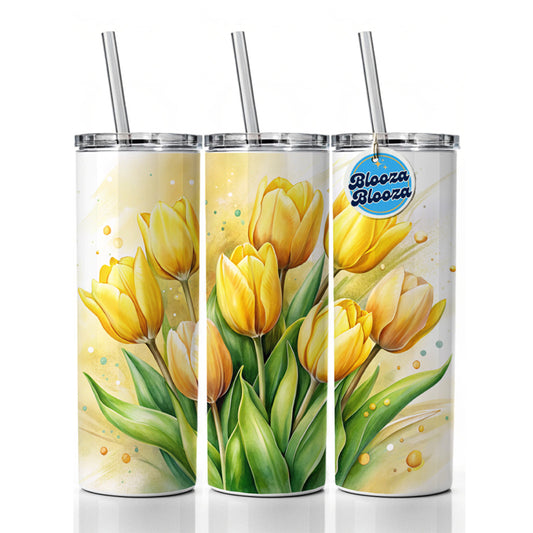 Yellow Tulips Flowers Watercolor Skinny Tumbler 20oz with Straw Insulated Water Bottle Gift
