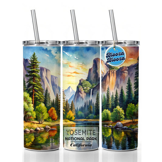 Yosemite National Park California Watercolor Skinny Tumbler 20oz with Straw Insulated Water Bottle Gift