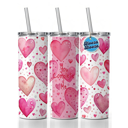 You Complete Me Valentine's Love Anniversary Pink Hearts Dots Skinny Tumbler 20oz with Straw Insulated Water Bottle Gift