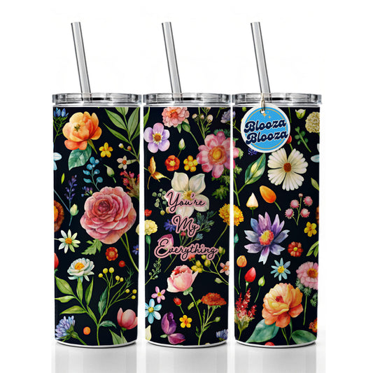 You're My Everything Romantic Love Wedding Anniversary Flowers Black Background Skinny Tumbler 20oz with Straw Insulated Water Bottle Gift