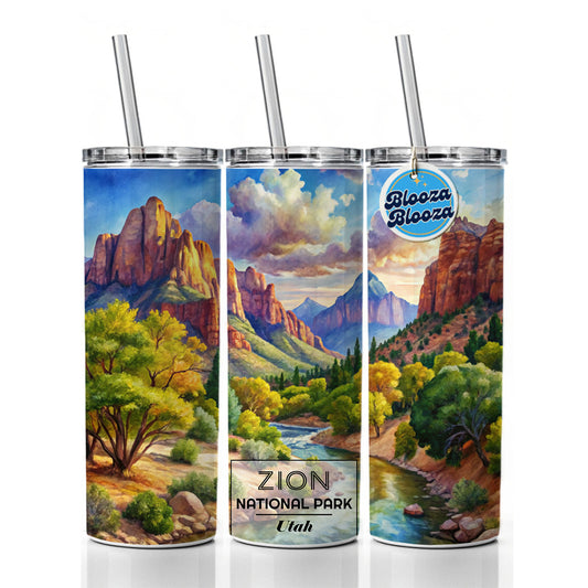 Zion National Park Utah Watercolor Skinny Tumbler 20oz with Straw Insulated Water Bottle Gift
