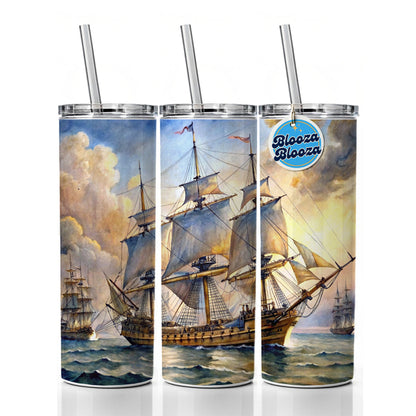 18th Century Sailing War Ship Of The Line Watercolor Skinny Tumbler 20oz with Straw Insulated Water Bottle Gift