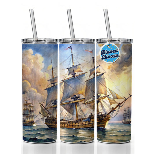 18th Century Sailing War Ship Of The Line Watercolor Skinny Tumbler 20oz with Straw Insulated Water Bottle Gift