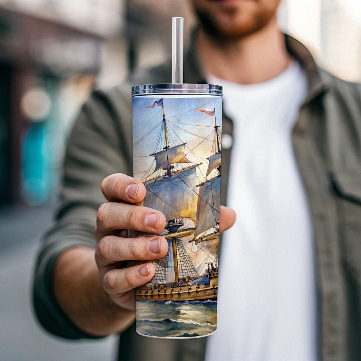18th Century Sailing War Ship Of The Line Watercolor Skinny Tumbler 20oz with Straw Insulated Water Bottle Gift