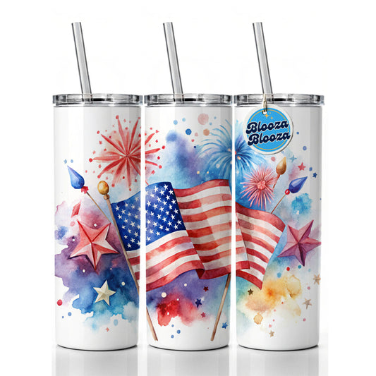 4th Of July Patriotic Independence Day Watercolor Skinny Tumbler 20oz with Straw Insulated Water Bottle Gift