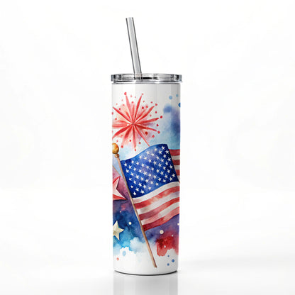 4th Of July Patriotic Independence Day Watercolor Skinny Tumbler 20oz with Straw Insulated Water Bottle Gift