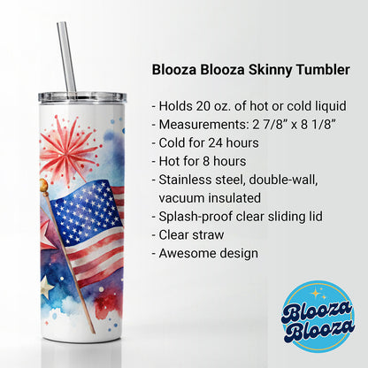 4th Of July Patriotic Independence Day Watercolor Skinny Tumbler 20oz with Straw Insulated Water Bottle Gift