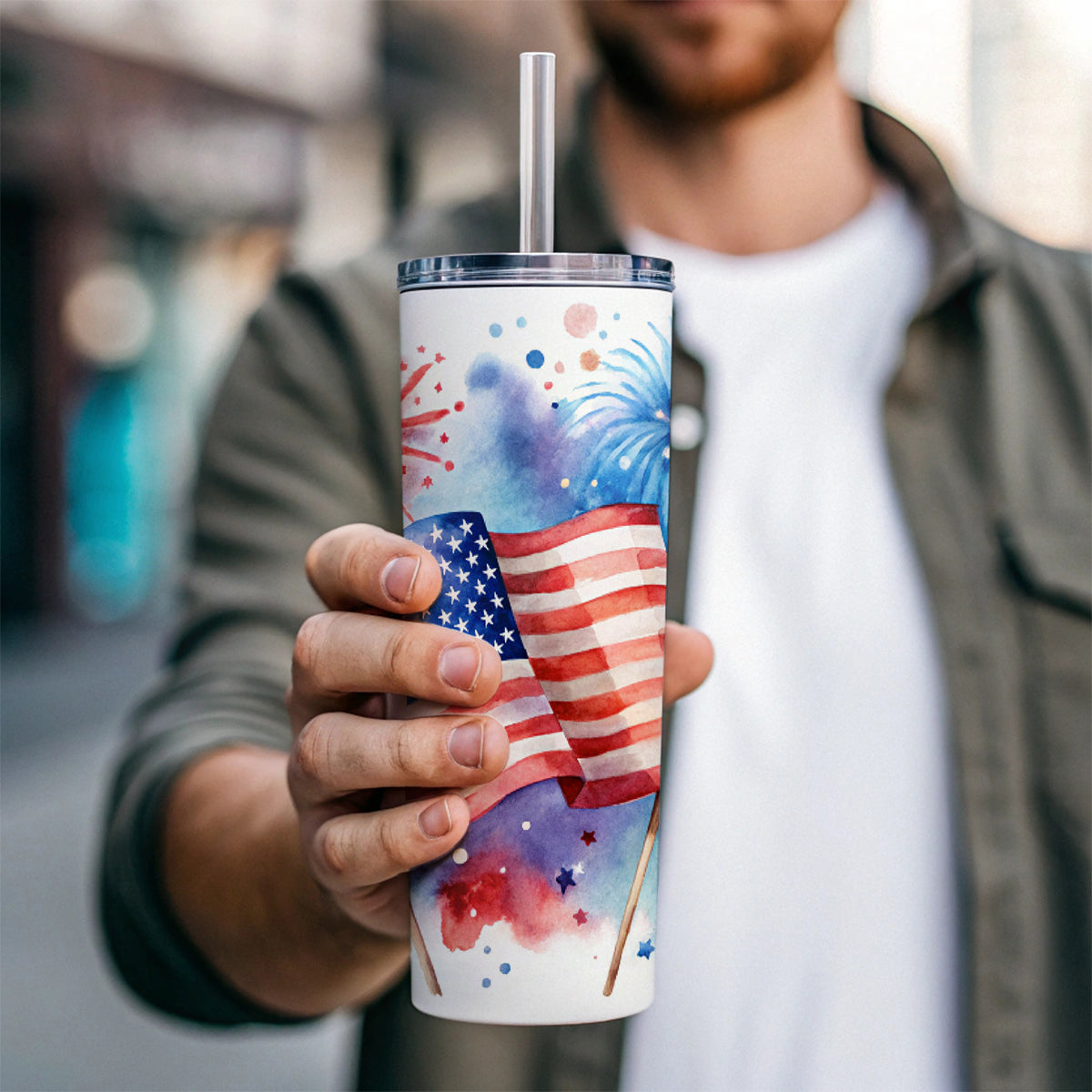 4th Of July Patriotic Independence Day Watercolor Skinny Tumbler 20oz with Straw Insulated Water Bottle Gift