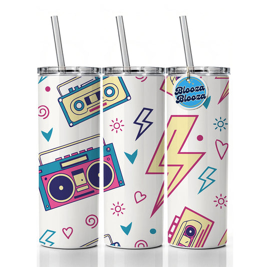 80's Eighties Theme Style Skinny Tumbler 20oz with Straw Insulated Water Bottle Gift