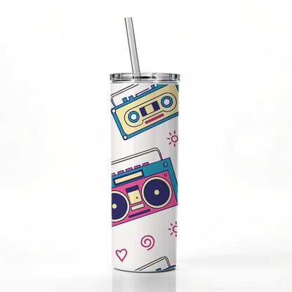 80's Eighties Theme Style Skinny Tumbler 20oz with Straw Insulated Water Bottle Gift