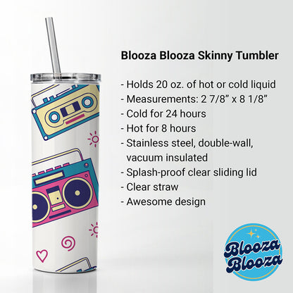 80's Eighties Theme Style Skinny Tumbler 20oz with Straw Insulated Water Bottle Gift