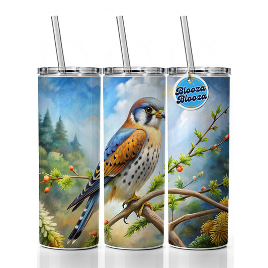 American Kestrel Raptor Bird Of Prey In Tree Scene Watercolor Skinny Tumbler 20oz with Straw Insulated Water Bottle Gift