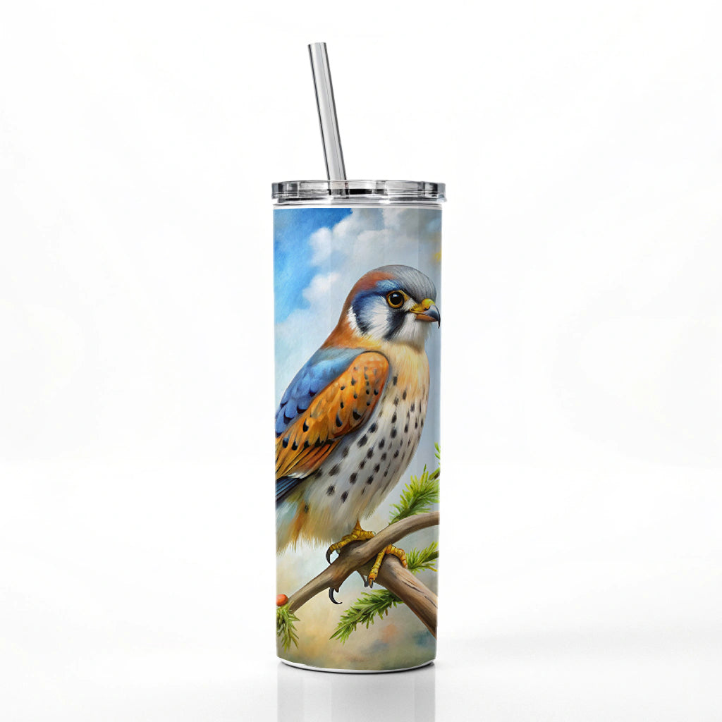 American Kestrel Raptor Bird Of Prey In Tree Scene Watercolor Skinny Tumbler 20oz with Straw Insulated Water Bottle Gift