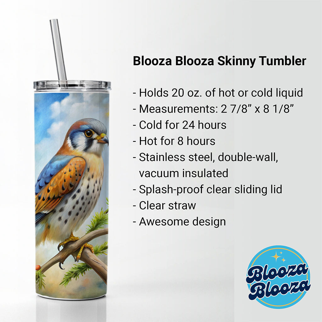 American Kestrel Raptor Bird Of Prey In Tree Scene Watercolor Skinny Tumbler 20oz with Straw Insulated Water Bottle Gift