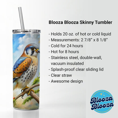 American Kestrel Raptor Bird Of Prey In Tree Scene Watercolor Skinny Tumbler 20oz with Straw Insulated Water Bottle Gift