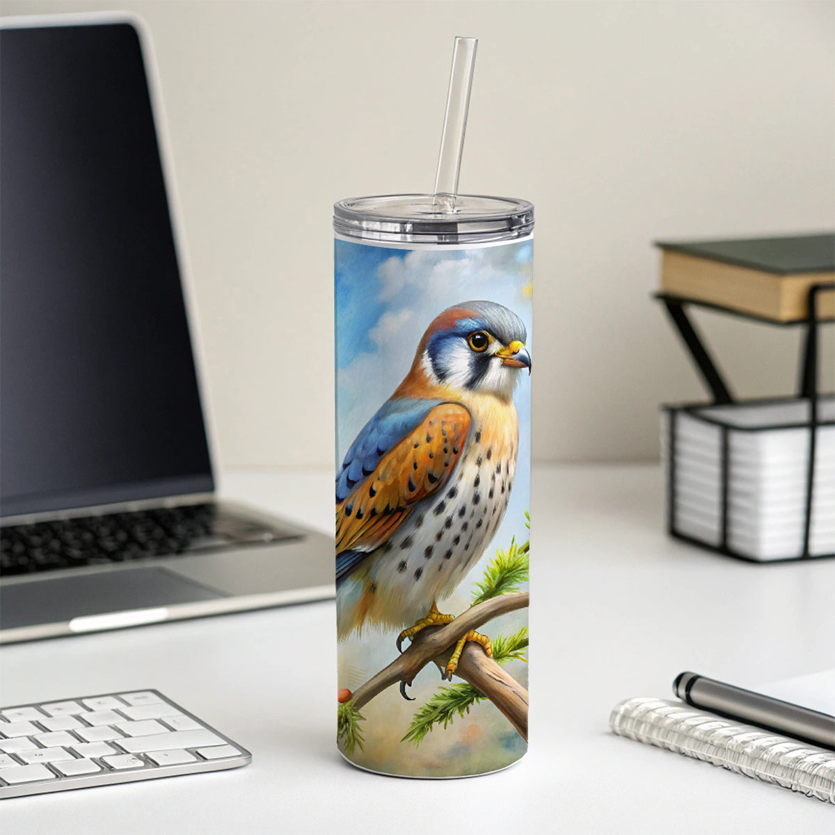 American Kestrel Raptor Bird Of Prey In Tree Scene Watercolor Skinny Tumbler 20oz with Straw Insulated Water Bottle Gift