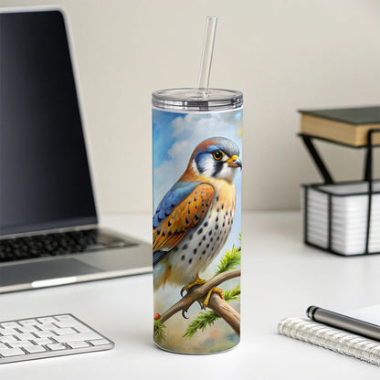American Kestrel Raptor Bird Of Prey In Tree Scene Watercolor Skinny Tumbler 20oz with Straw Insulated Water Bottle Gift