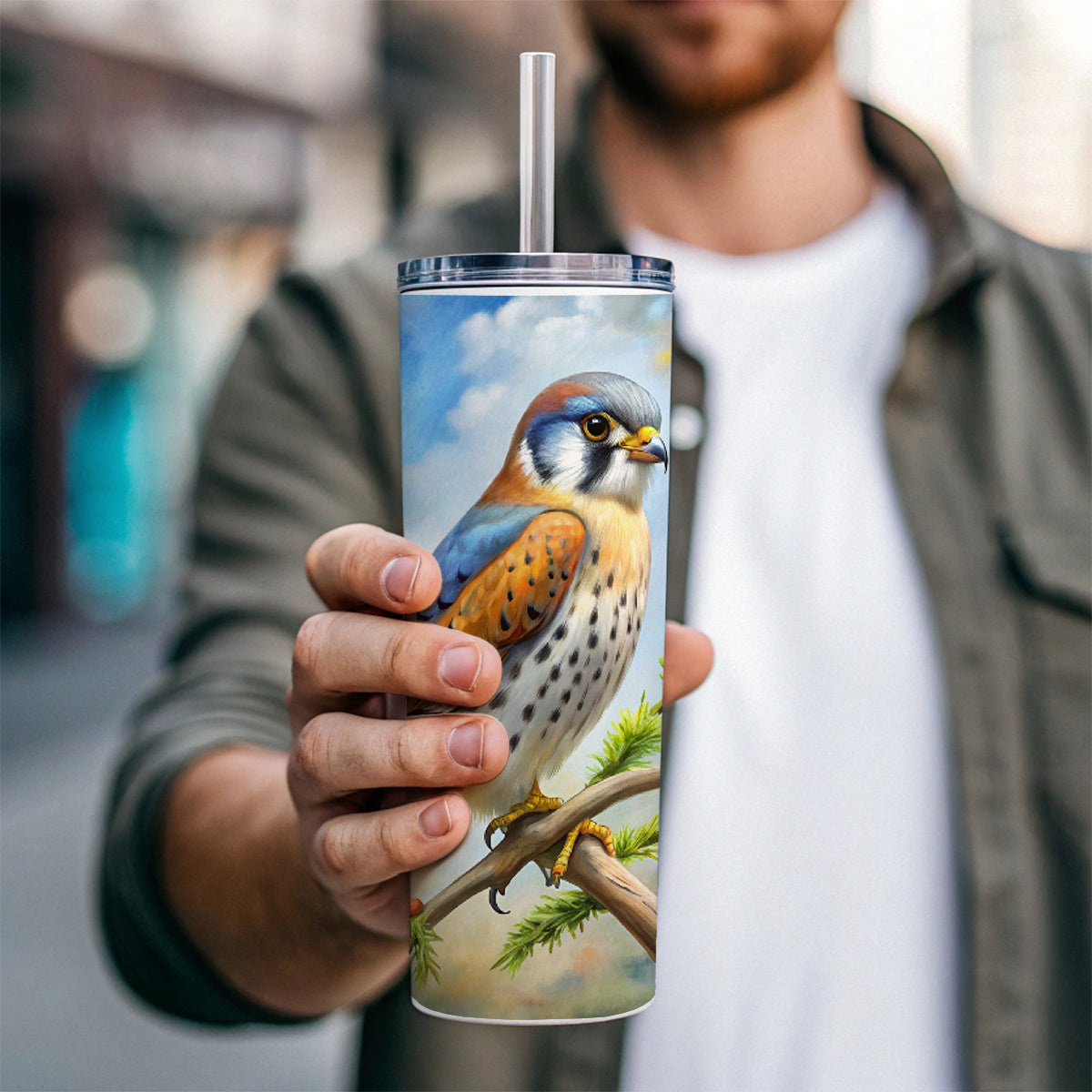 American Kestrel Raptor Bird Of Prey In Tree Scene Watercolor Skinny Tumbler 20oz with Straw Insulated Water Bottle Gift