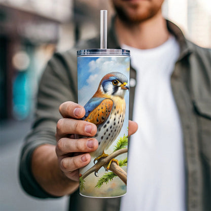 American Kestrel Raptor Bird Of Prey In Tree Scene Watercolor Skinny Tumbler 20oz with Straw Insulated Water Bottle Gift
