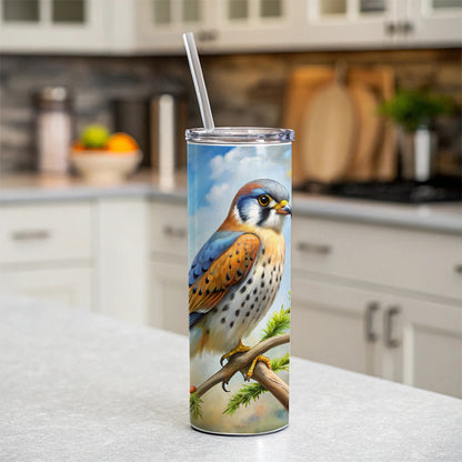 American Kestrel Raptor Bird Of Prey In Tree Scene Watercolor Skinny Tumbler 20oz with Straw Insulated Water Bottle Gift
