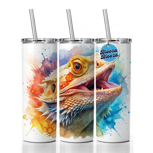 Angry Mad Bearded Dragon Watercolor Skinny Tumbler 20oz with Straw Insulated Water Bottle Gift