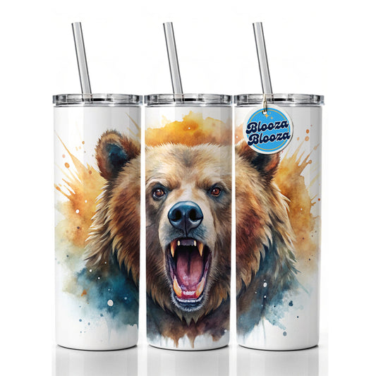 Angry Mad Grizzly Bear Watercolor Skinny Tumbler 20oz with Straw Insulated Water Bottle Gift