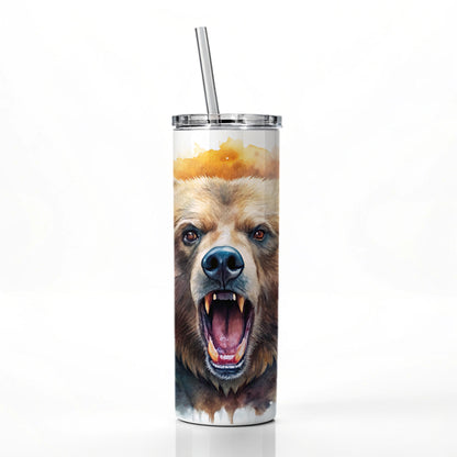 Angry Mad Grizzly Bear Watercolor Skinny Tumbler 20oz with Straw Insulated Water Bottle Gift