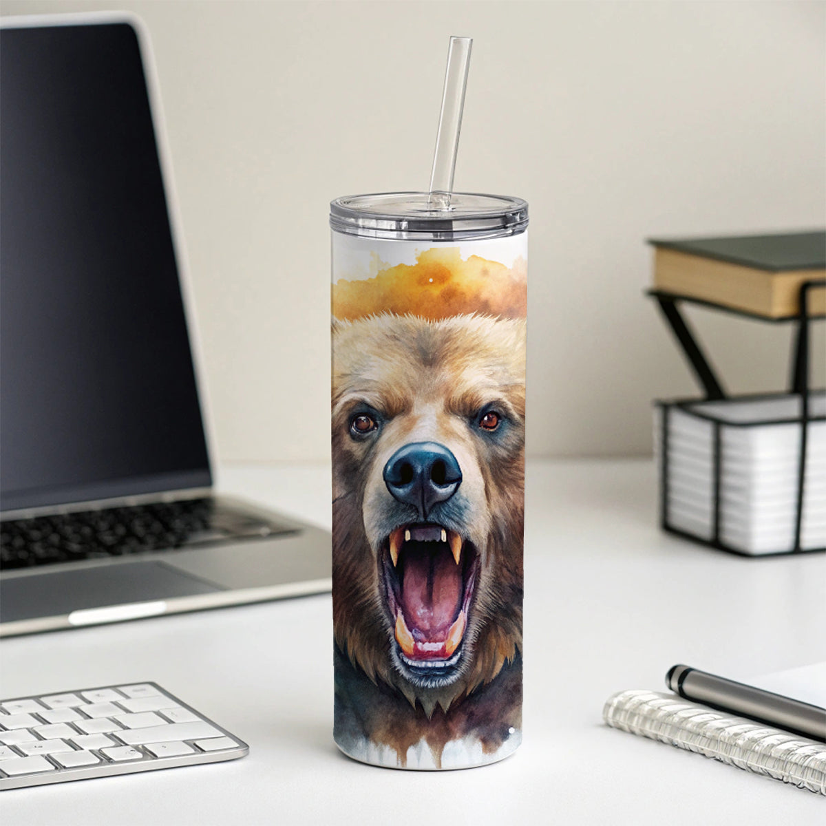 Angry Mad Grizzly Bear Watercolor Skinny Tumbler 20oz with Straw Insulated Water Bottle Gift