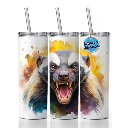 Angry Mad Honey Badger Watercolor Skinny Tumbler 20oz with Straw Insulated Water Bottle Gift