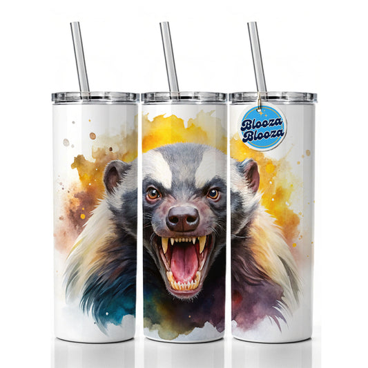 Angry Mad Honey Badger Watercolor Skinny Tumbler 20oz with Straw Insulated Water Bottle Gift