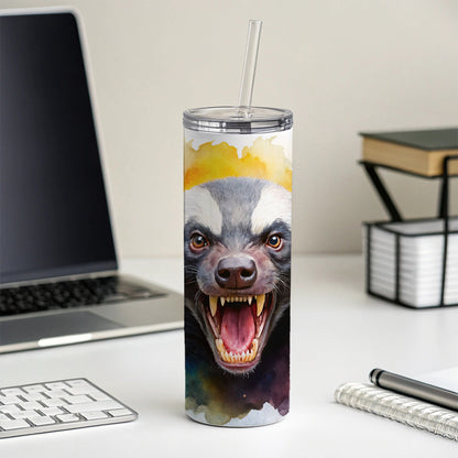 Angry Mad Honey Badger Watercolor Skinny Tumbler 20oz with Straw Insulated Water Bottle Gift