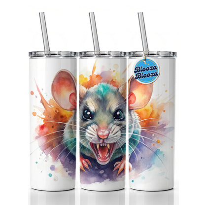 Angry Mad Mouse Watercolor Skinny Tumbler 20oz with Straw Insulated Water Bottle Gift