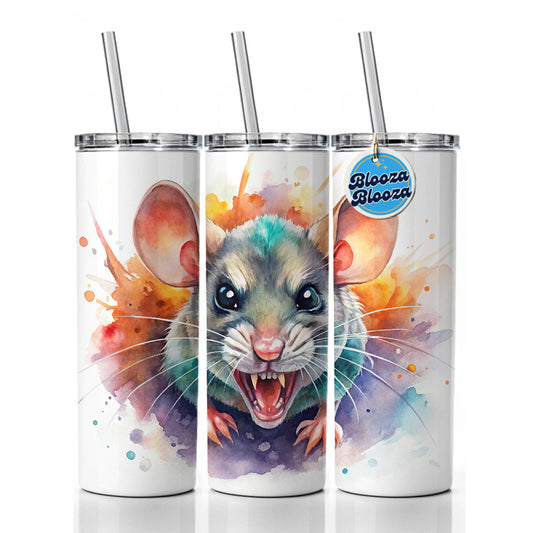 Angry Mad Mouse Watercolor Skinny Tumbler 20oz with Straw Insulated Water Bottle Gift