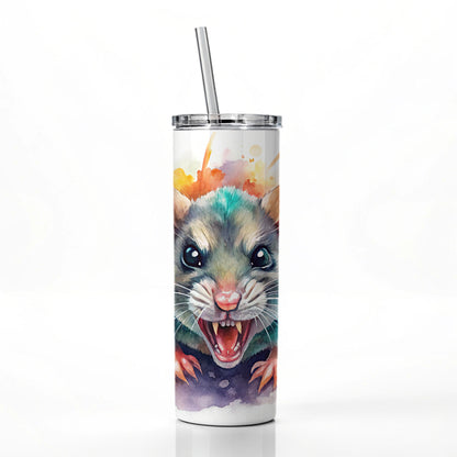 Angry Mad Mouse Watercolor Skinny Tumbler 20oz with Straw Insulated Water Bottle Gift