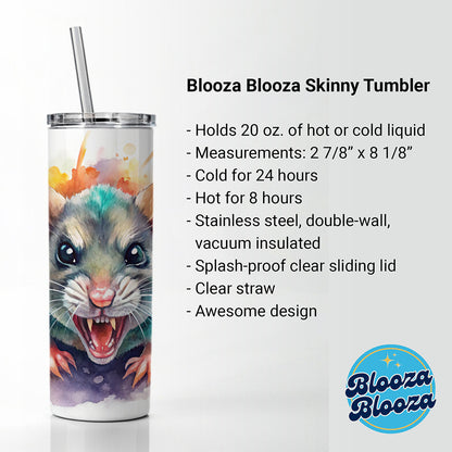 Angry Mad Mouse Watercolor Skinny Tumbler 20oz with Straw Insulated Water Bottle Gift